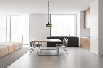 White kitchen and living room interior