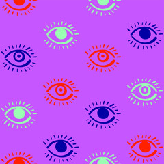 The Third Eye. Pop arty vibrant seamless pattern. Wide open human eyes, stylized simple linear vector. Trendy hand drawn graffiti style. Cool icons, trendy colors. Hip decor, wrapping paper, wallpaper