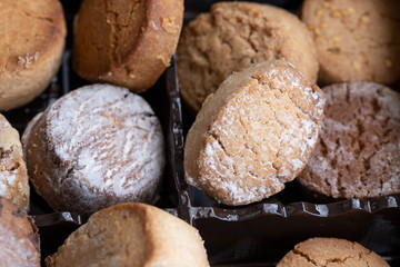 Variety of Spanish shortbreads Mantecados, polvorones, nevaditos. Typical sweets consumed at Christmas time in Spain.