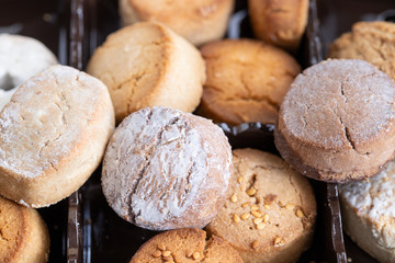 Variety of Spanish shortbreads Mantecados, polvorones, nevaditos. Typical sweets consumed at Christmas time in Spain.