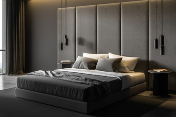 Modern gray master bedroom corner - obrazy, fototapety, plakaty