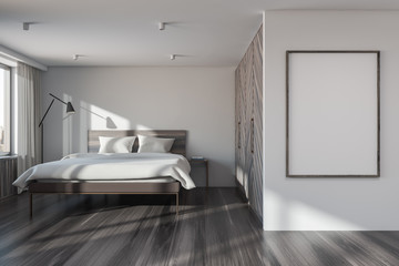 White master bedroom with wardrobe and poster