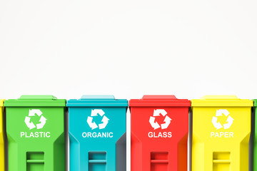 Close up of colorful recycle bins row