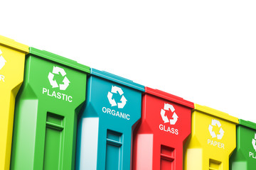 Row of colorful recycle bins on white, close up