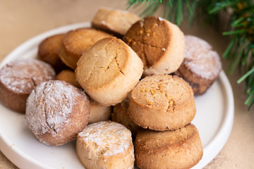 Variety of Spanish shortbreads Mantecados, polvorones, nevaditos. Typical sweets consumed at Christmas time in Spain.