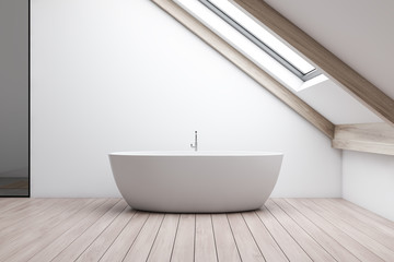 Fototapeta na wymiar Attic white bathroom interior with tub
