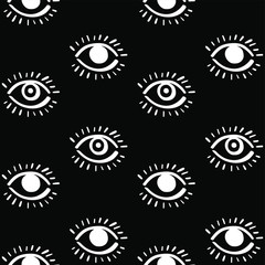The Eyes. Pop arty black and white seamless pattern. Wide open human eyes, stylized simple linear vector. Trendy hand drawn graffiti style. Cool icons, bold hip decor, arty wrapping paper wallpaper