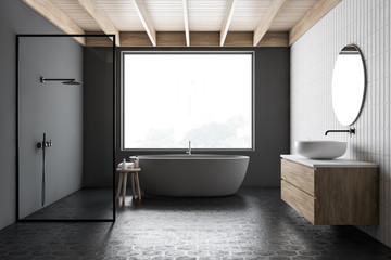 Stylish dark gray bathroom with shower