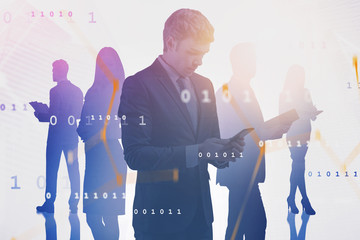 Man with smartphone and his team, network