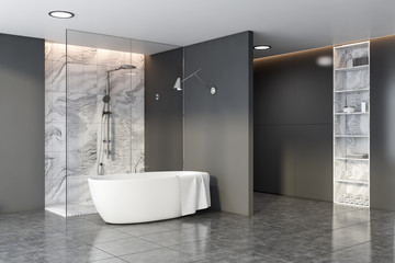Grey and marble bathroom corner, tub and shower