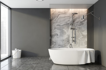 Gray and marble bathroom, shower and tub