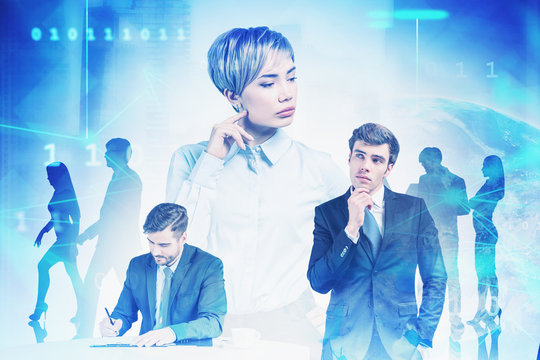 Pensive business team in city, network interface