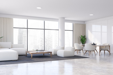 White living room and dining room interior