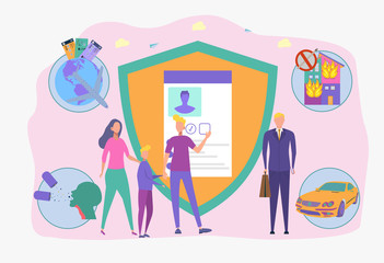 Private property insurance, transport, business, human health and life. Insurance broker, insurance brokerage services, insurance agent near you concept. Colorful vector illustration
