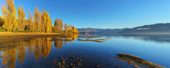 Fototapeta premium Panoramic image of Lake Wanaka with reflection in the morning in Autumn, Wanaka , South Island of New Zealand