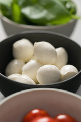 ingredients for salad, mozzarella, spinach and cherry tomatoes