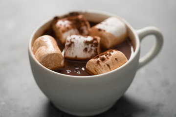 Cocoa drink with marshmallow in white cup on terrazzo surface