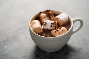 Cocoa drink with marshmallow in white cup on terrazzo surface