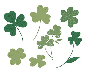 Vector set with flat clover leaf illustration. Cute spring icons collection. St. Patrick’s day’s symbol. Irish national holiday concept. Green plant clip art isolated on white background..