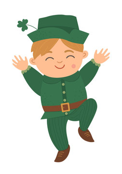 Vector flat funny boy in green traditional clothes and hat with shamrock. Cute St. Patrick’s Day illustration. National Irish holiday icon isolated on white background..