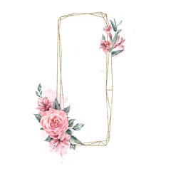 Frame vintage gold geometry rectangle decorated bouquet composition pink roses and alstroemeria flowers.
