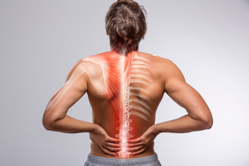 Human back anatomy, man holding his hand in the back pain area