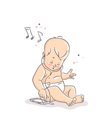 Cute little baby boy sitting on floor with smartphone and listening to music through earphones. Vector cartoon illustration
