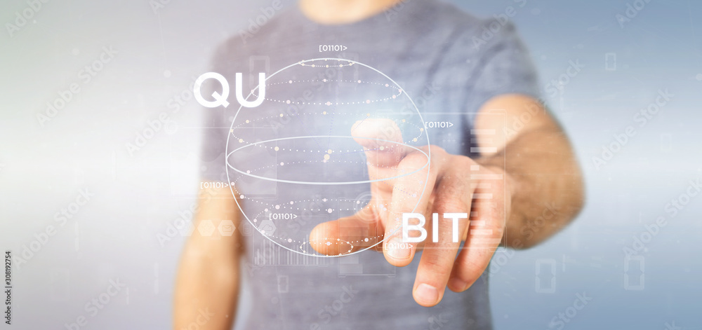 Poster businessman holding quantum computing concept with qubit icon 3d rendering