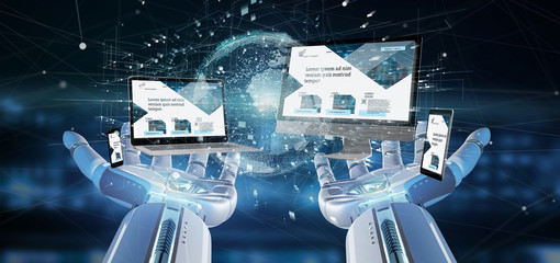 Cyborg hand holding a Devices connected to a global business network 3d rendering