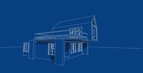 Architectural sketch line, House design work free hands drawing, Blueprint construction, 3D illustration