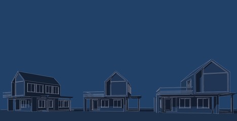 Architectural sketch line, House design work free hands drawing, Blueprint construction, 3D illustration