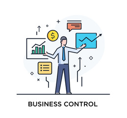 Businessman controls the interface of monitors. Workflow, growth, graphics. Business development, milestones, start-up. linear illustration Icons infographics. Landing page site print poster. Line