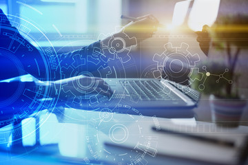 Engineering background with gears draft on virtual screen. Business innovation and modern technology concept.