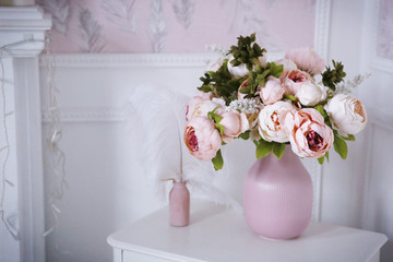 peony pink and white flowers in vase