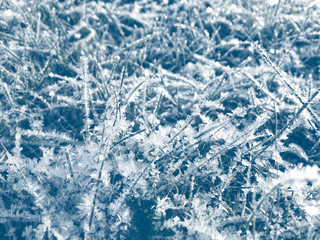 winter background with snowflakes crystals patterns and snow on frozen grass