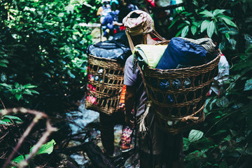 Tribal or Mountaineer carry things on back pass the water fall or stream brook of the mountain of "LerGuaDa" Tak province, Thailand, Asia.