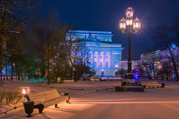 Saint Petersburg. Russia. The Alexandrinsky theatre. Ostrovsky square is lit by a lantern. Nevsky...