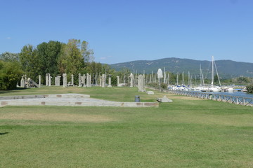 “campo del sole” openair museum with columns sculptures in the lakeside of Tuoro on Trasimeno Lake.