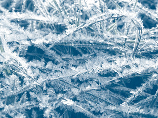 winter background with snowflakes crystals patterns and snow on frozen grass