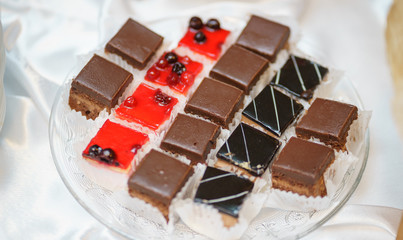 Sweet little desserts cakes in different colors on a plate prepared for the guests of the event.