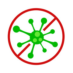 Antibacterial icon with green virus in red circle for design on white. No bacteria vector sign