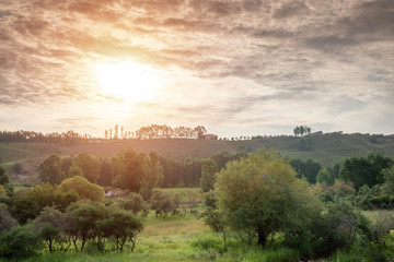 Scenery of countryside with woods and meadows
