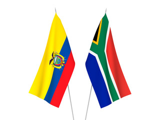National fabric flags of Republic of South Africa and Ecuador isolated on white background. 3d rendering illustration.