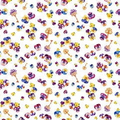 Watercolor Pansies. Violets. Botanical watercolor illustration. Vintage keys. Floral seamless pattern