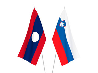 National fabric flags of Slovenia and Laos isolated on white background. 3d rendering illustration.