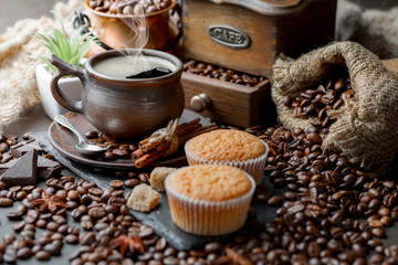 Black coffee on an old background in a cup
