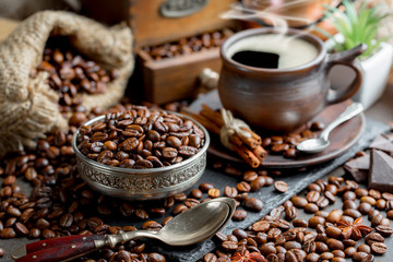 Black coffee on an old background in a cup