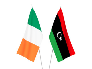 National fabric flags of Ireland and Libya isolated on white background. 3d rendering illustration.