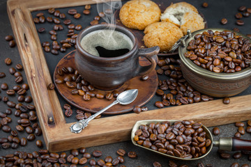 Black coffee on an old background in a cup