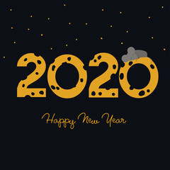 Happy New Year 2020. Cheese and mouse on dark background. Vector greeting card.